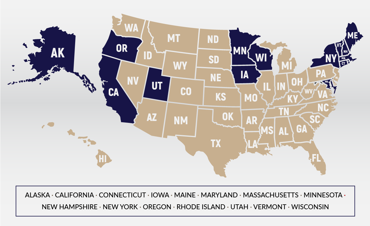A map showing the fifteen states (Alaska, California, Connecticut, Iowa, Maine, Maryland, Massachusetts, Minnesota, New Hampshire, New York, Oregon, Rhode Island, Utah, Vermont, and Wisconsin) that require interest on escrow accounts